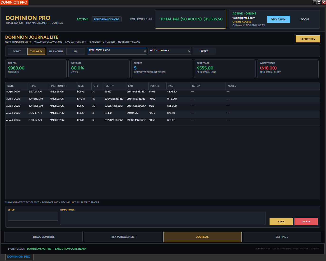 DOMINION PRO Journal with trade performance cards and trade notes