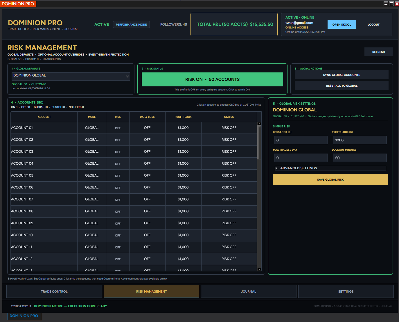 DOMINION PRO risk management screen with global controls, per-account settings, and protection tools
